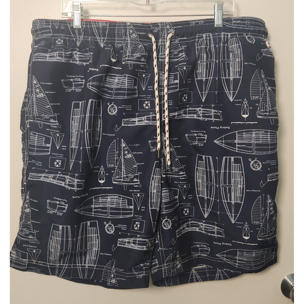 Lands'‎ End Swimsuit Men's Nautical Sailboat Blueprints XL 40-42 Navy Blue Beach